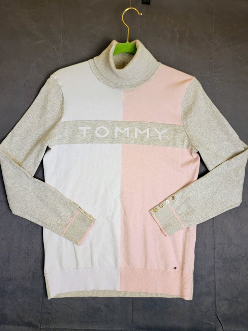 Tommy Hilfiger Colorblock Turtleneck Sweater Pink Gray White Size M